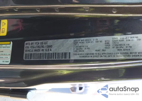 2022 Jeep Gladiator Rubicon 4X4 z USA, uszkodzony, nr VIN 1C6JJTBG7NL115043